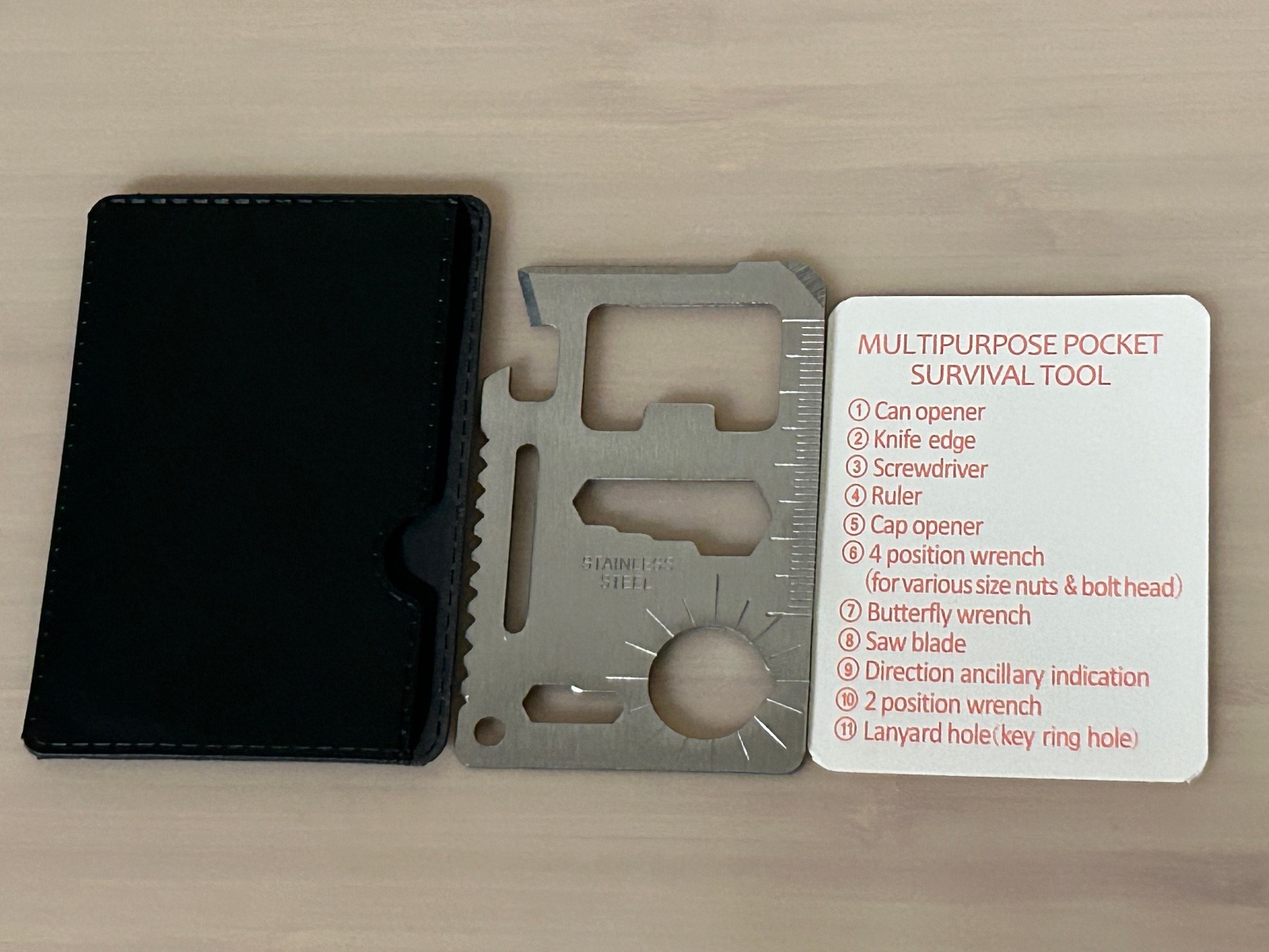 Stainless Steel Multipurpose Pocket Survival Tool with Black Leather Sleeve