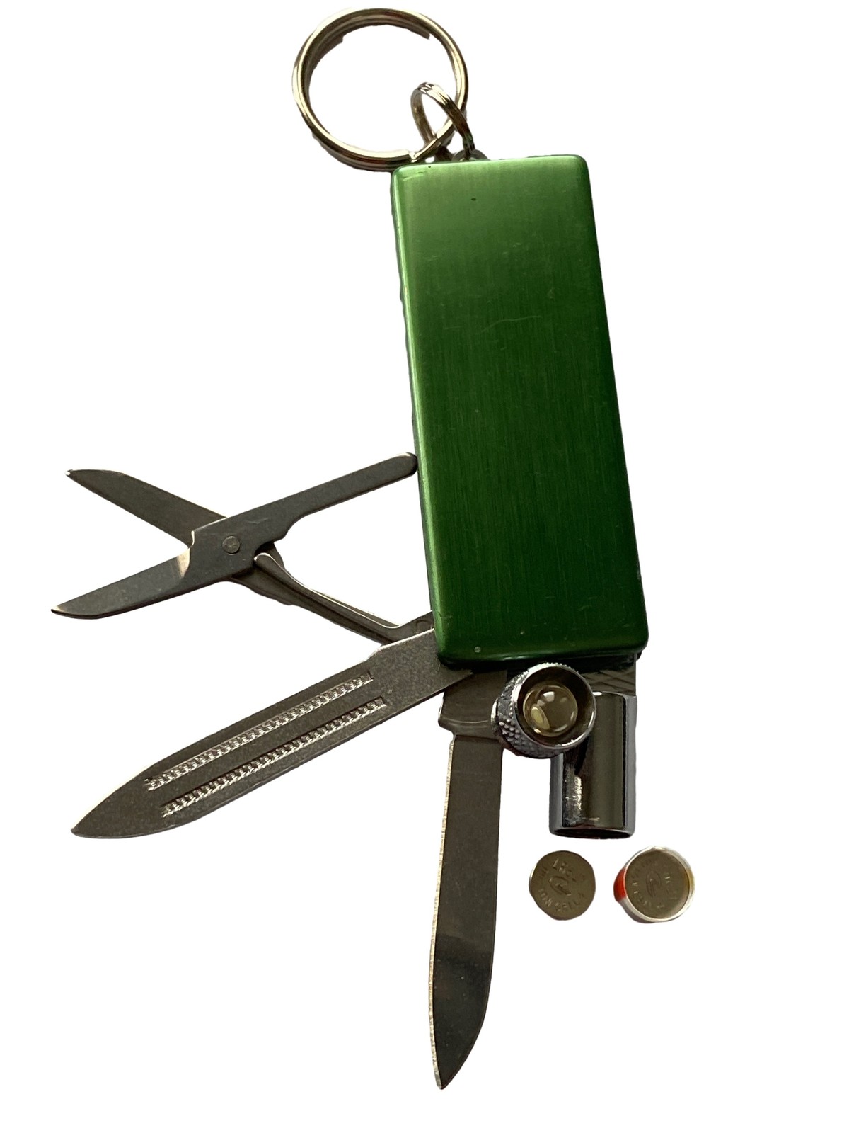 Multi-Tool Pocket Knife Green Keychain Camping Survival Tool Light Needs Battery