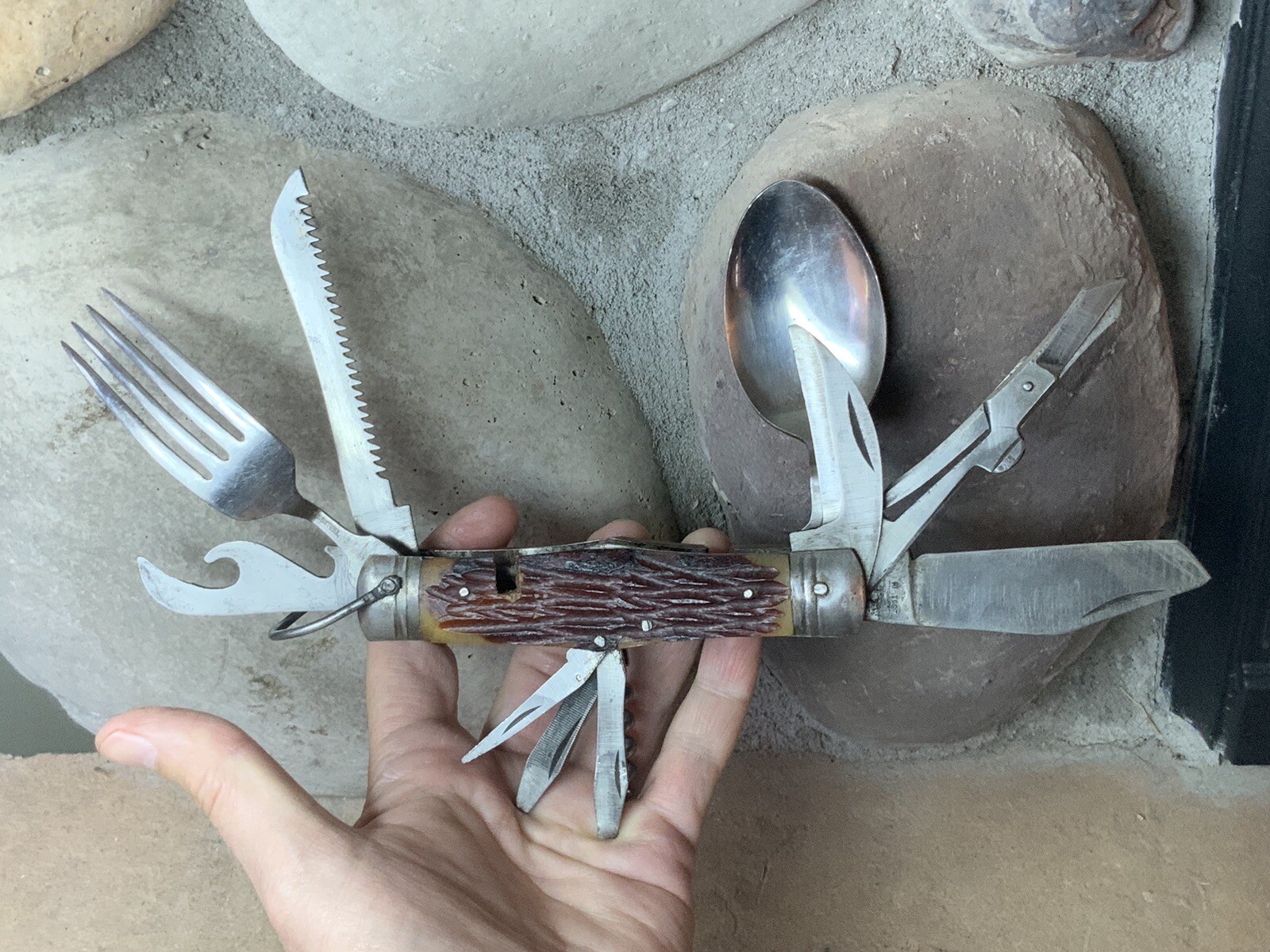 Vtg Camp Multi Tool 11 Gadgets Full Size Spoon Fork Saw Knife Open Hi Test Japan