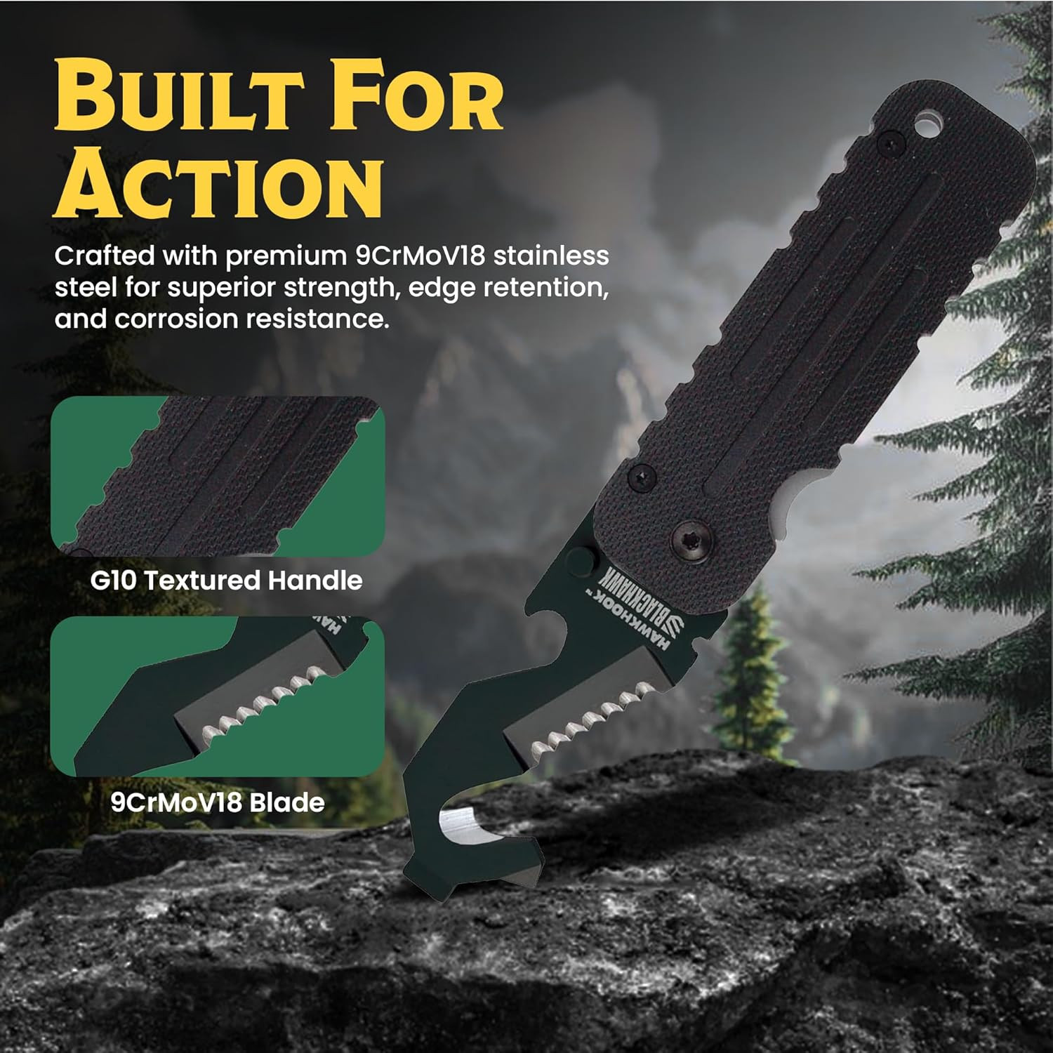 BLACKHAWK HAWKHOOK Compact Survival Multitool, 2-1/4” 9CRMOV18 Blade with G10 Ha