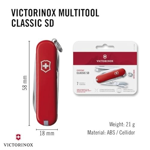 Victorinox Swiss Army Classic SD, (7) functions Folding Pocket Knife, Red
