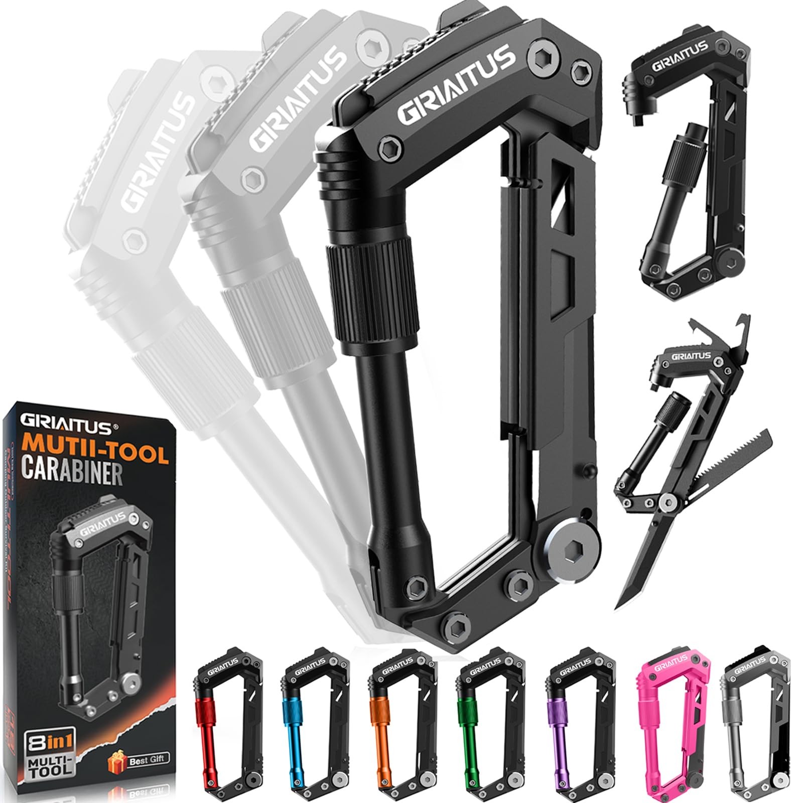 Carabiner Multitool 8-in-1 EDC Carabiners Pocket Knife, Serrated Knife, Rope …