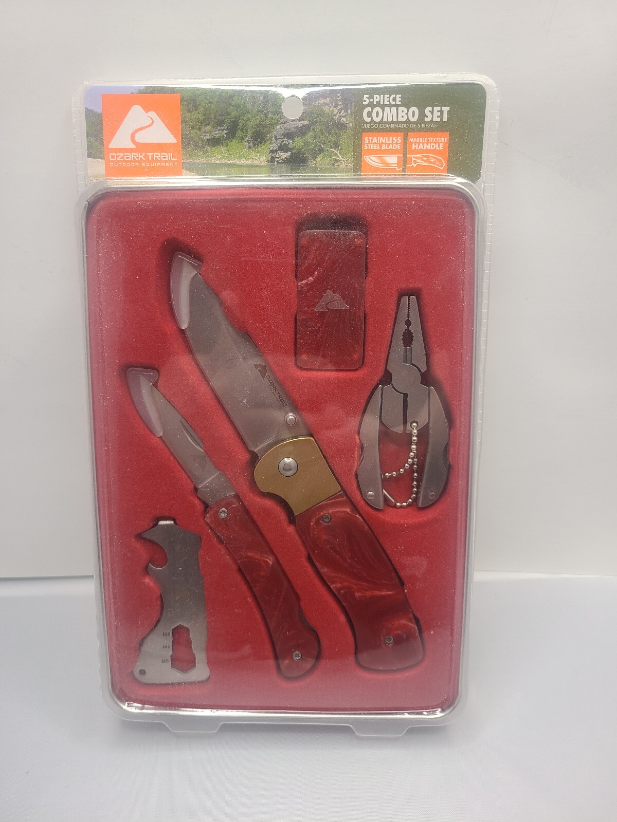 OZARK TRAIL 5 Pc COMBO SET 2 Knives Multi Tool Money Clip Pliers Metal Tin NEW