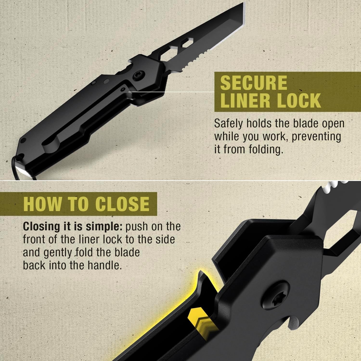 Mini Keychain Knife with Carabiner – 1.3″ Tanto Serrated Blade – 6 in 1 Black