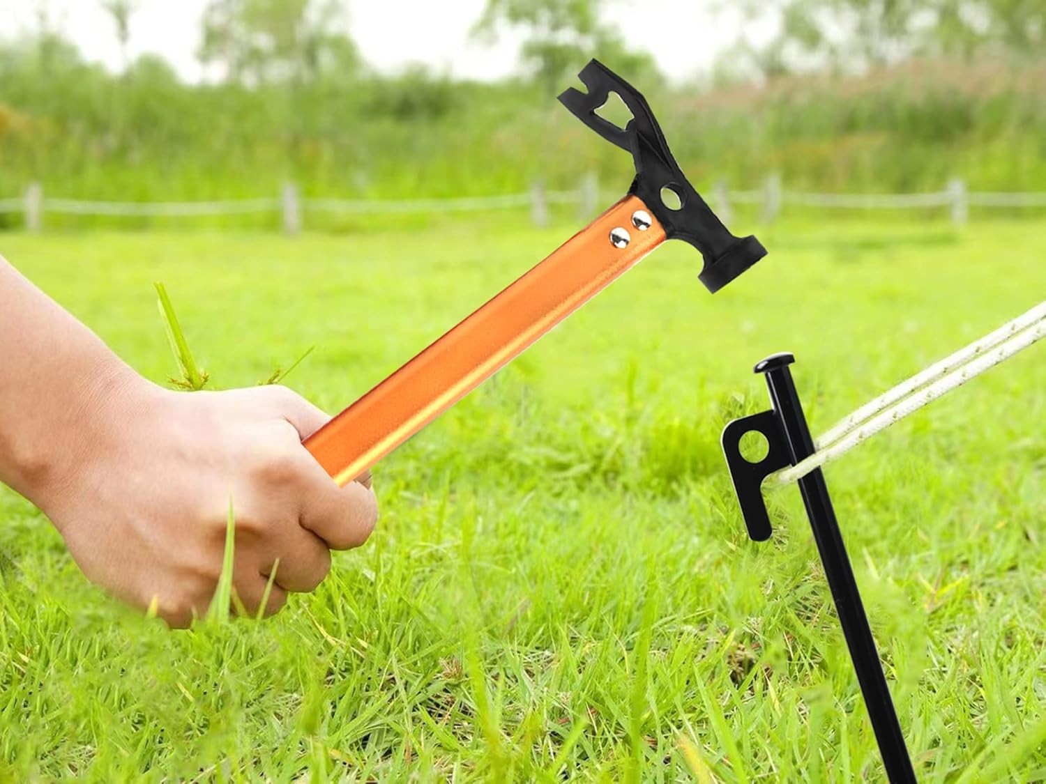 Lightweight 3-in-1 Camping Hammer – 12″ Carbon Steel Tool in Vibrant Orange