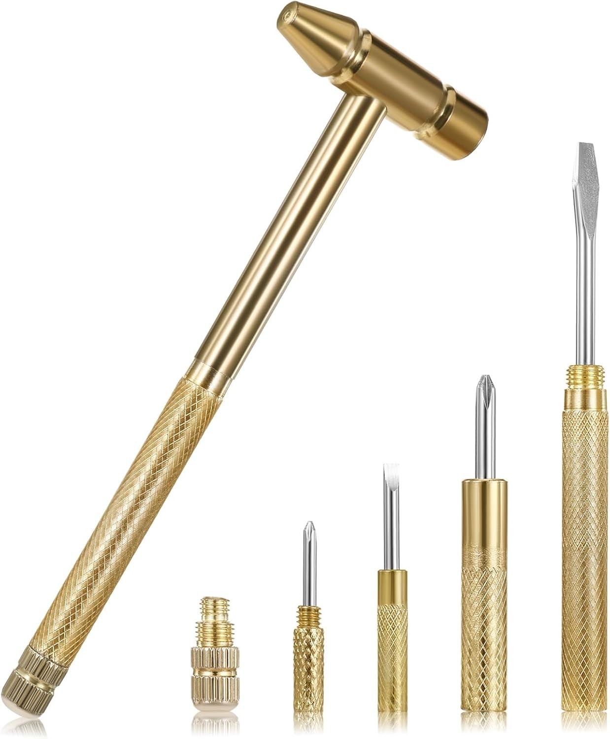 6-in-1 Mini Copper Hammer Tool with Screwdrivers – Portable & Elegant Gold