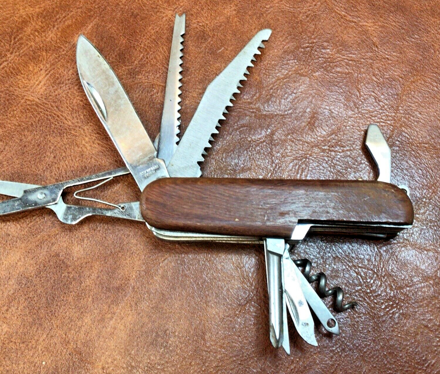 VTG Knife Multi-Tool Wooden Handle Folding Blade Cork Screw Saw Scissors