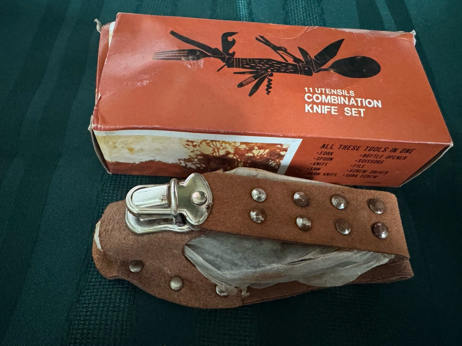 Vintage 11-in-1 Combination Knife Set Multi-Tool Stainless, Leather Sheath/Box,