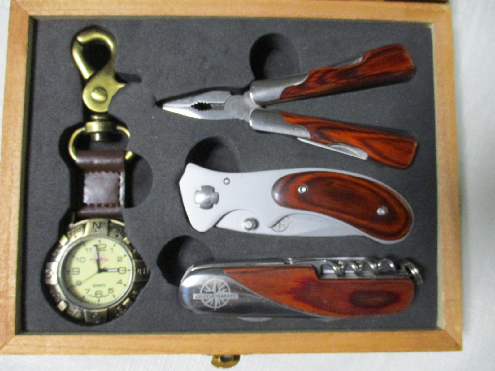 Guidesman 4-Piece Classic Tool Set in Wood Box – Multi-Tool, Pocket Knife, Watch