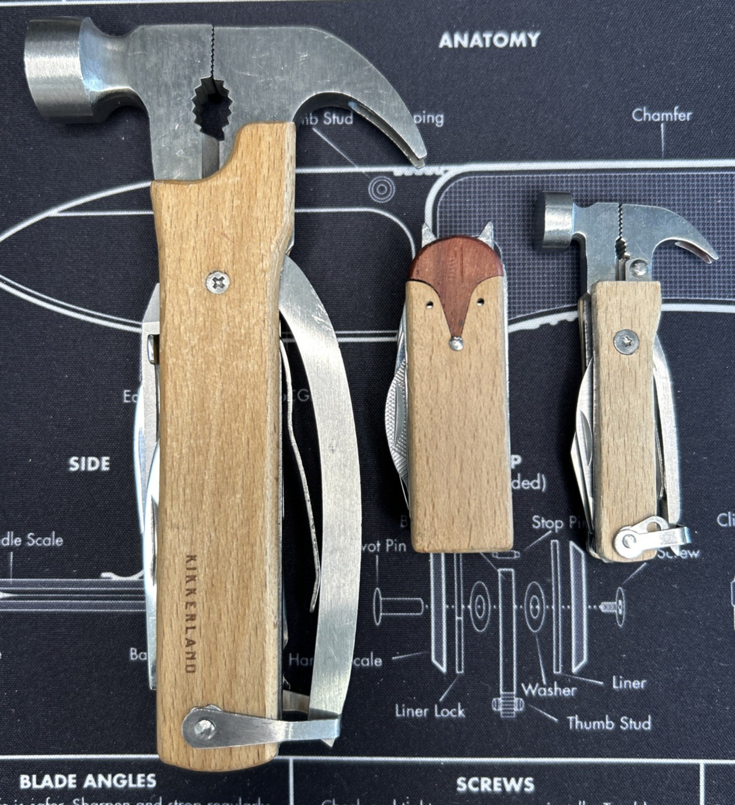 Lot of 3 Wood Handle Hammer Folding Compact Multi Tools Knife Saw & More VGUC
