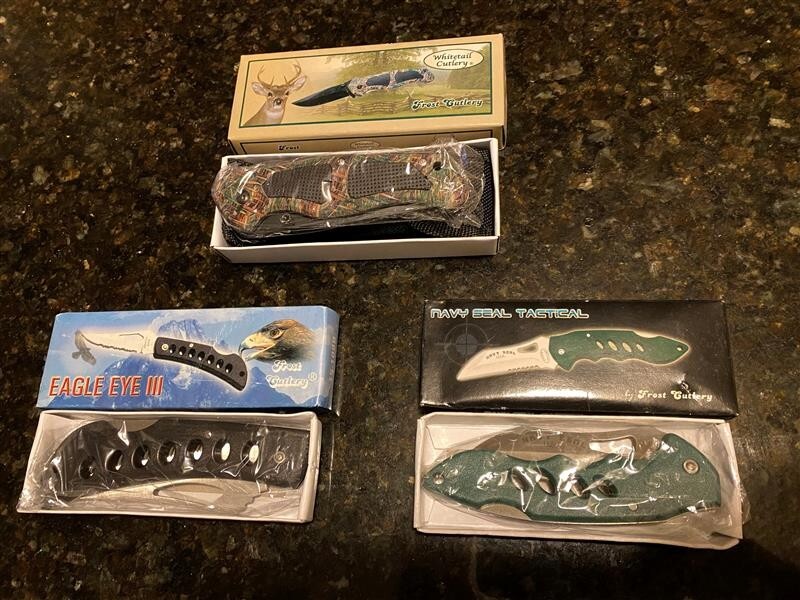 3-set Frost Cutlery Pocket Knives: Big Buck Down/Navy Seal Tactical/Eagle EyeIII