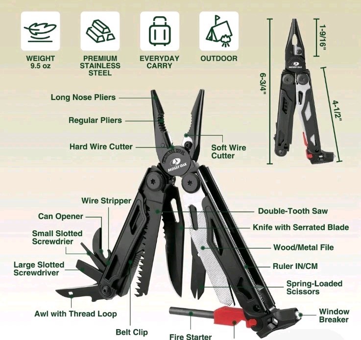 BLACK MOSSY OAK 19-in-1 STAINLESS STEEL MULTI-TOOL WITH SHEATH GREAT CONDITION
