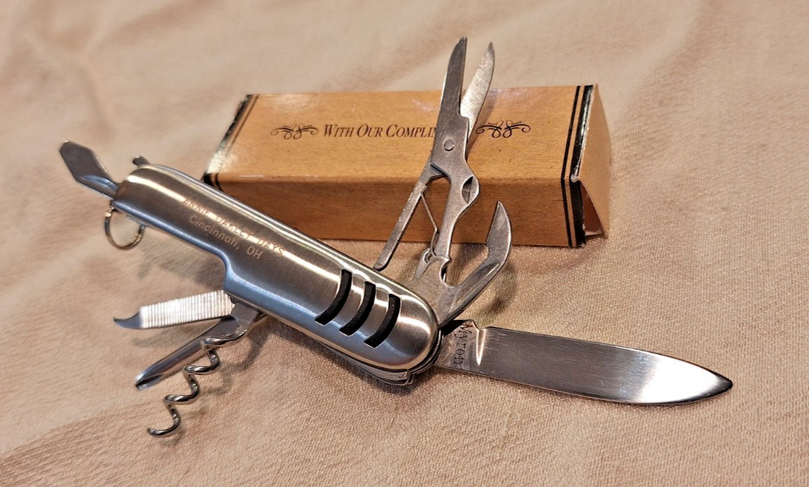 Myron Multi Tool Utility Pocket Knife 8 Tool Silver W/Advertising ANNIE OAKLEY