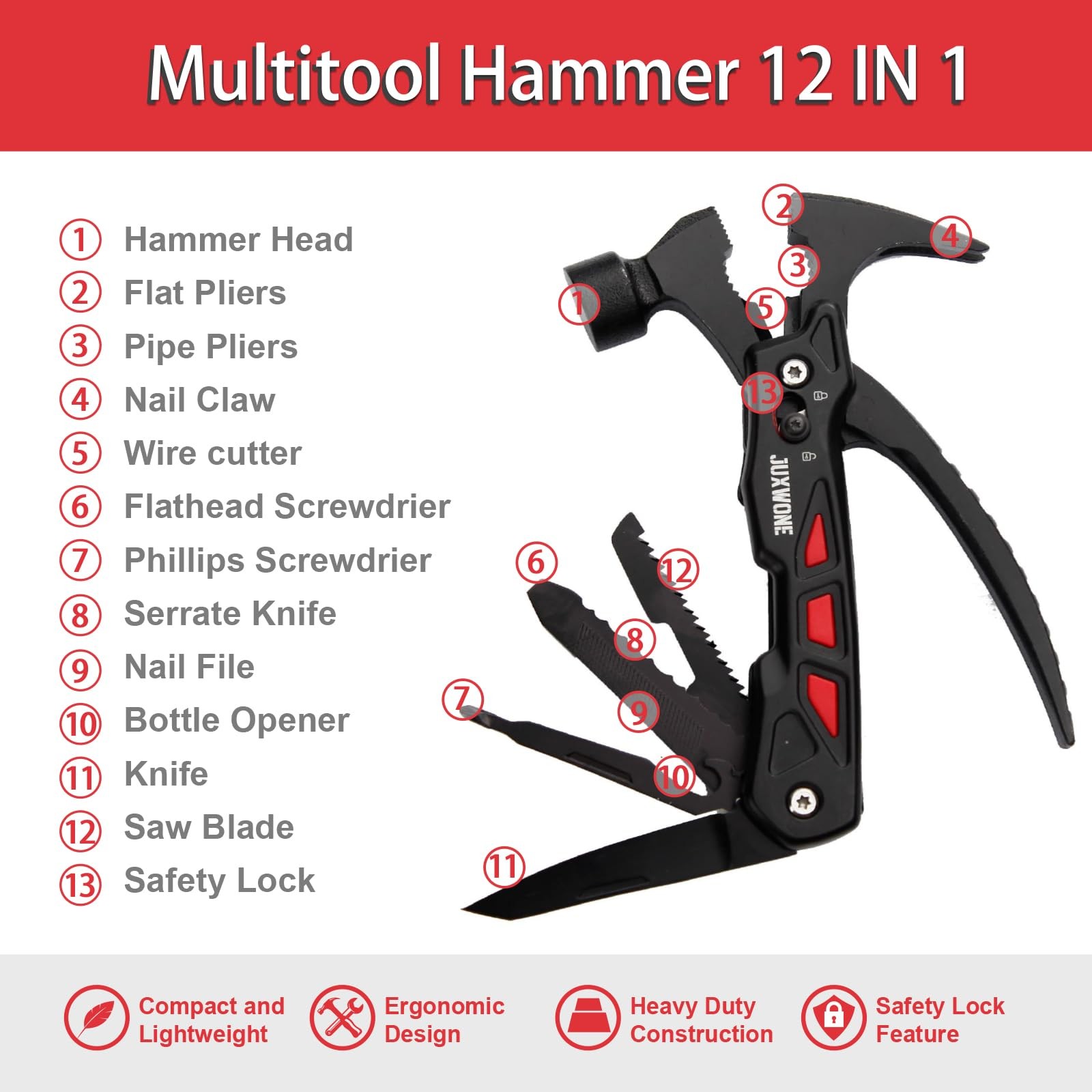 Unique Gift, Pocket Knife Multitool, Hammer 12-in-1, Folding Knife, Outdoor S…