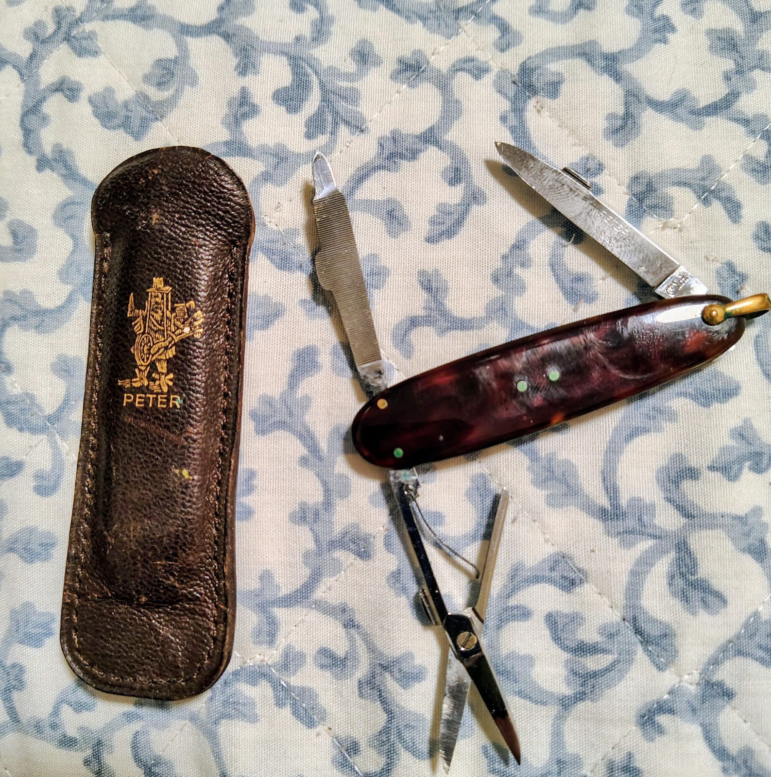 PETER Multi-Tool Pocket Knife 4 Tools w/ Scissors File, Brown Sheath Included