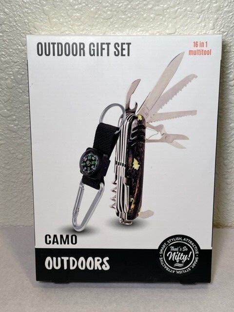 Camouflage Outdoor Gift Set, NOS, 16 in 1 Multitool, Compass & Key Ring