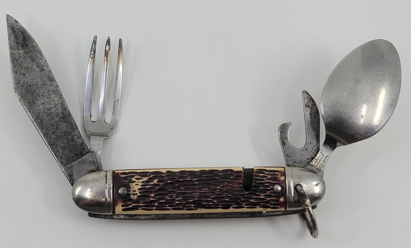 VINTAGE ORIGINAL COLONIAL FOLDING CAMP KNIFE SPOON FORK BOTTLE OPENER ANTIQUE