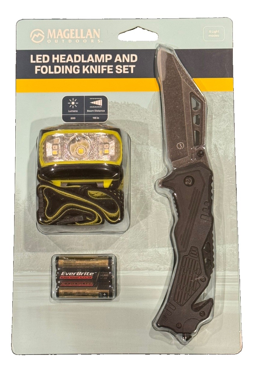 Magellan Outdoors: LED HeadLamp & Folding Knife Set w/ EverBrite AAA Batteries