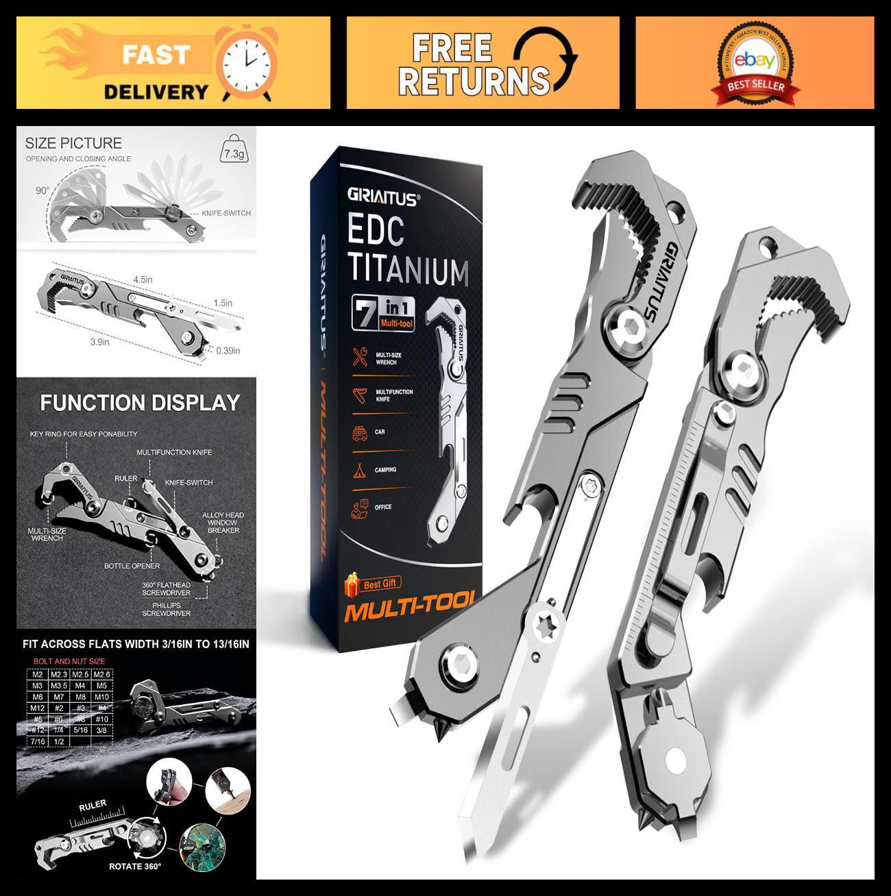 7-in-1 EDC Multitool – Knife, Wrench, Screwdriver, Bottle Opener, Ruler, Window