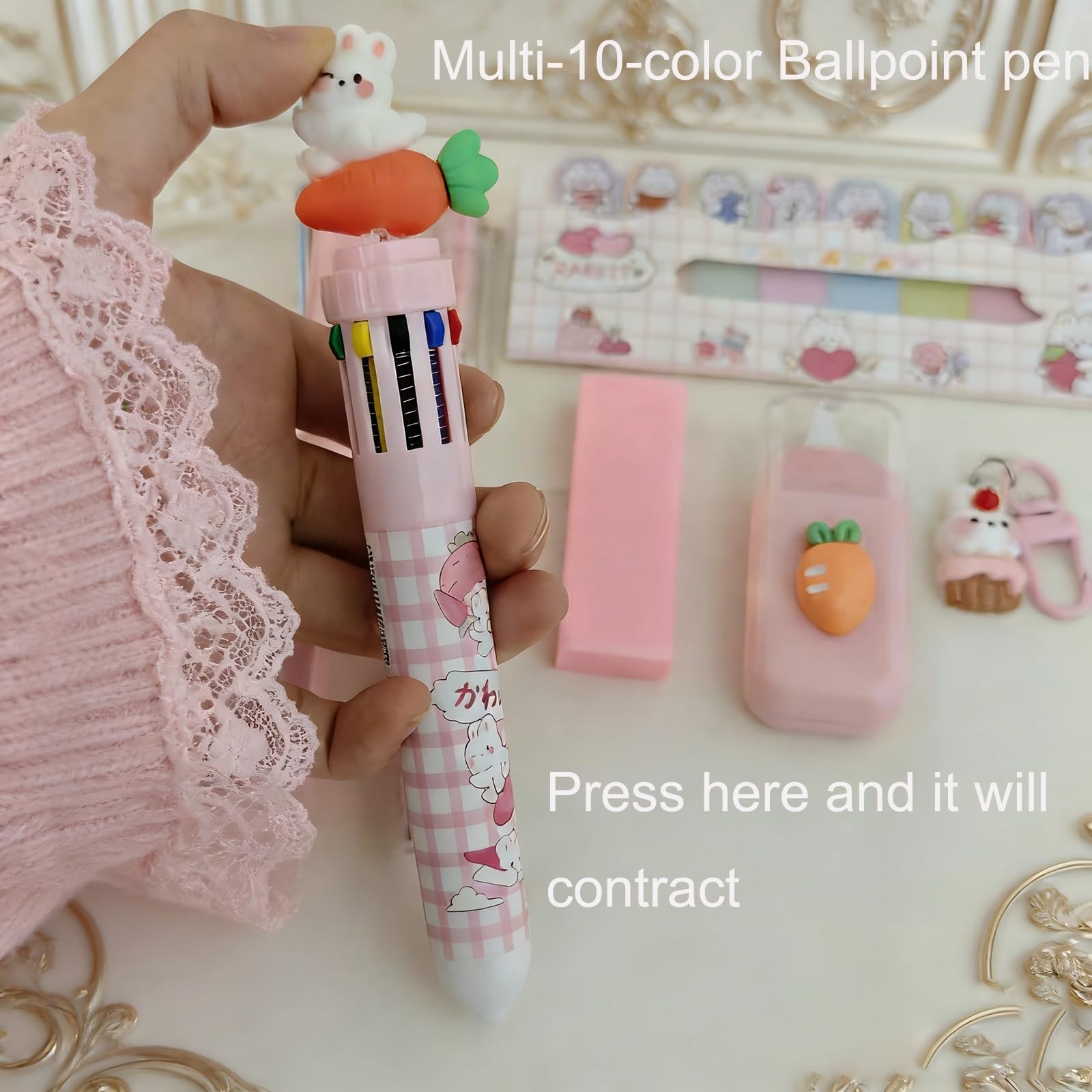 9 Pcs Cute Pink Stationery Set Carrot Rabbit Kawaii Office Supplies Including…