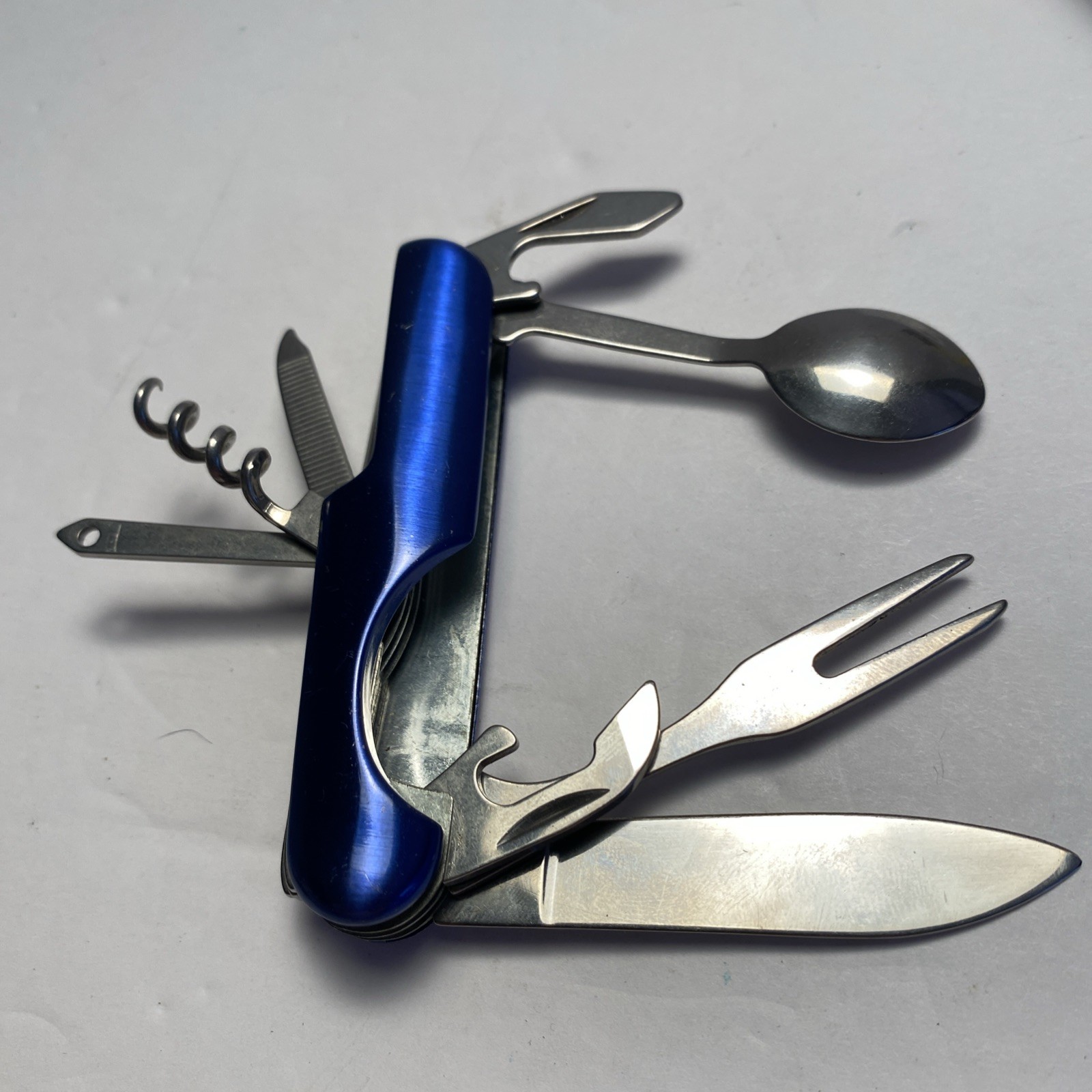 Eiffel Tower Paris Multi Tool SAK Blue Plastic Handle Spoon Fork Knife Corkscrew