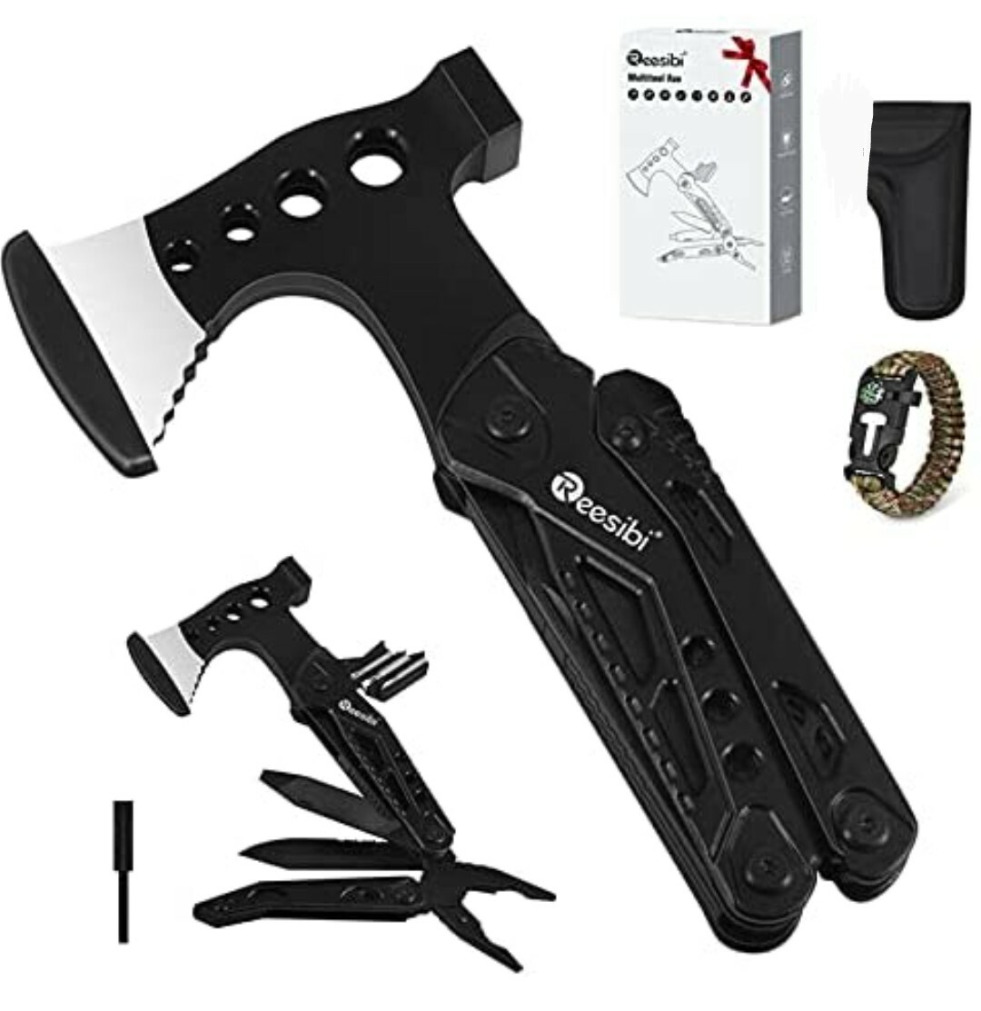 Reesibi Multitool, 15 in 1 Camping Accessories Axe, Knife, 3 Bits, Pouch, Etc