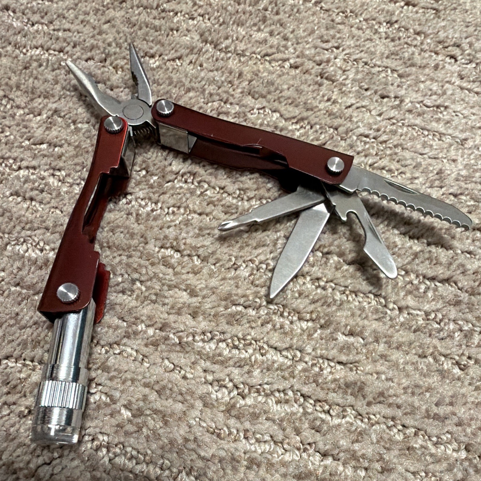 Red 6-Tool Metal Multi-Tool Serrated & Straight Edge, Pliers, Knife, Sheath
