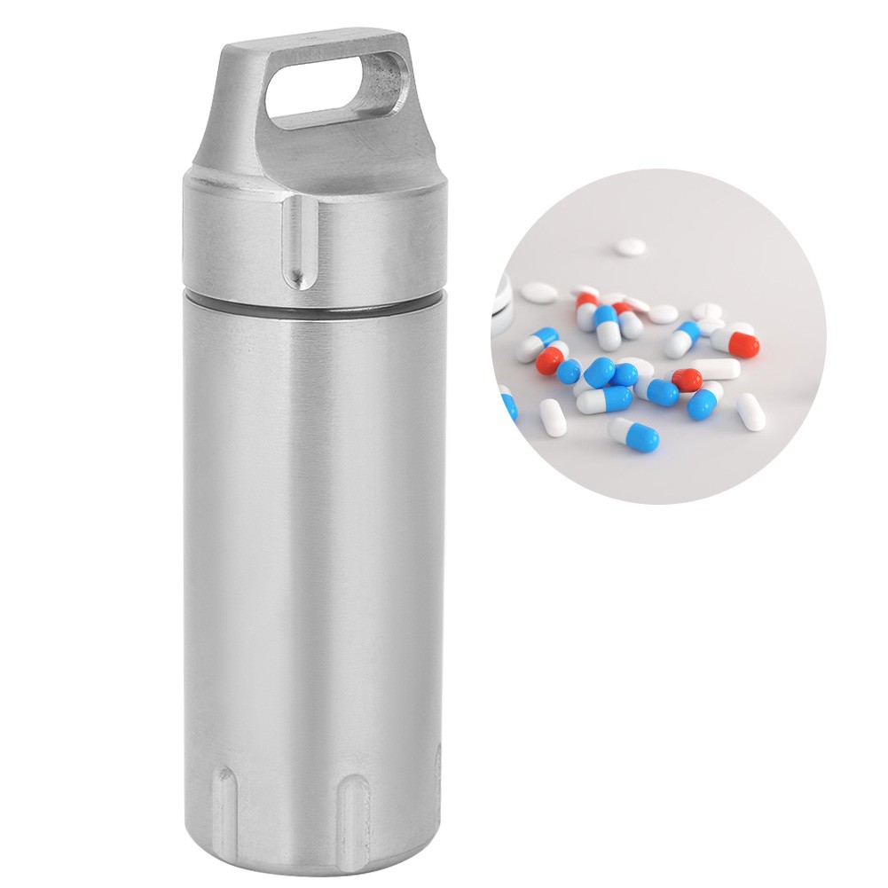 Portable Waterproof Stainless Steel Pills Case Container Bottle Keychain