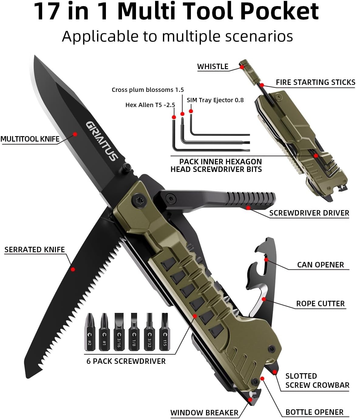 Versatile Pocket Knife 17-in-1 with One-Hand Operation for Hiking & Camping Gear