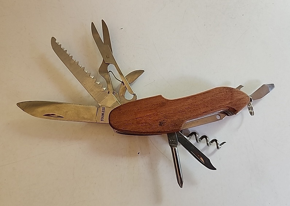 Vintage Multi-Tool Knife Wooden Handle Folding Blade Cork Screw Saw Scissors