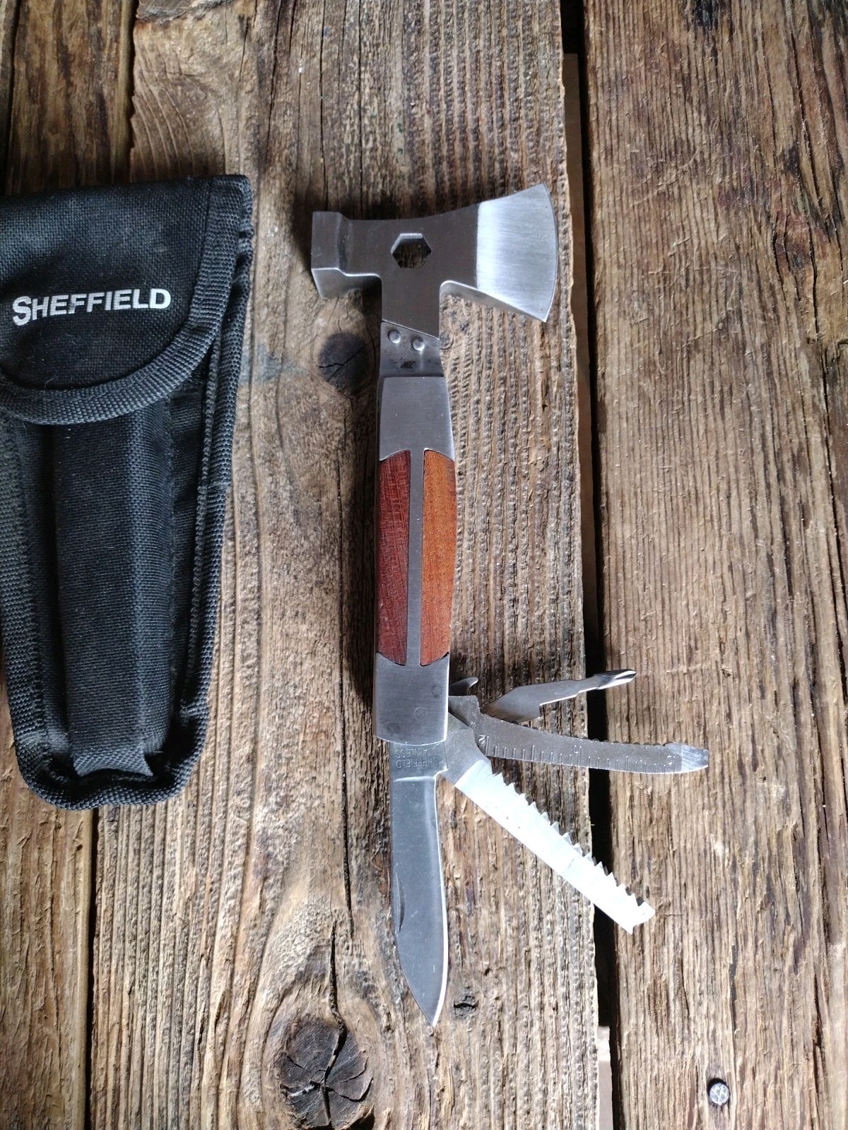 Sheffield Multi Tool Hatchet Axe Folding Knife Saw Blade Stainless with Sheath