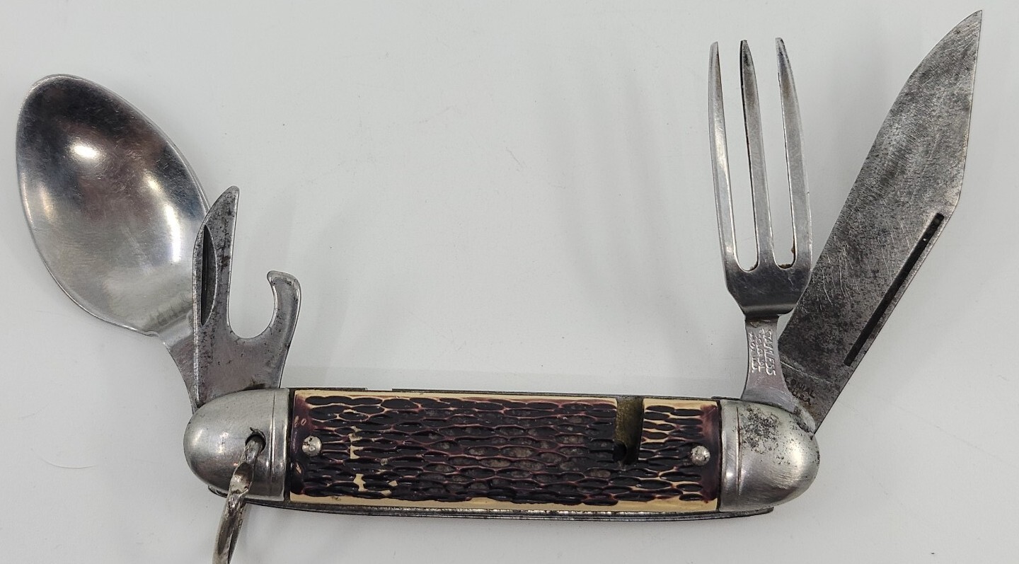 VINTAGE ORIGINAL COLONIAL FOLDING CAMP KNIFE SPOON FORK BOTTLE OPENER ANTIQUE
