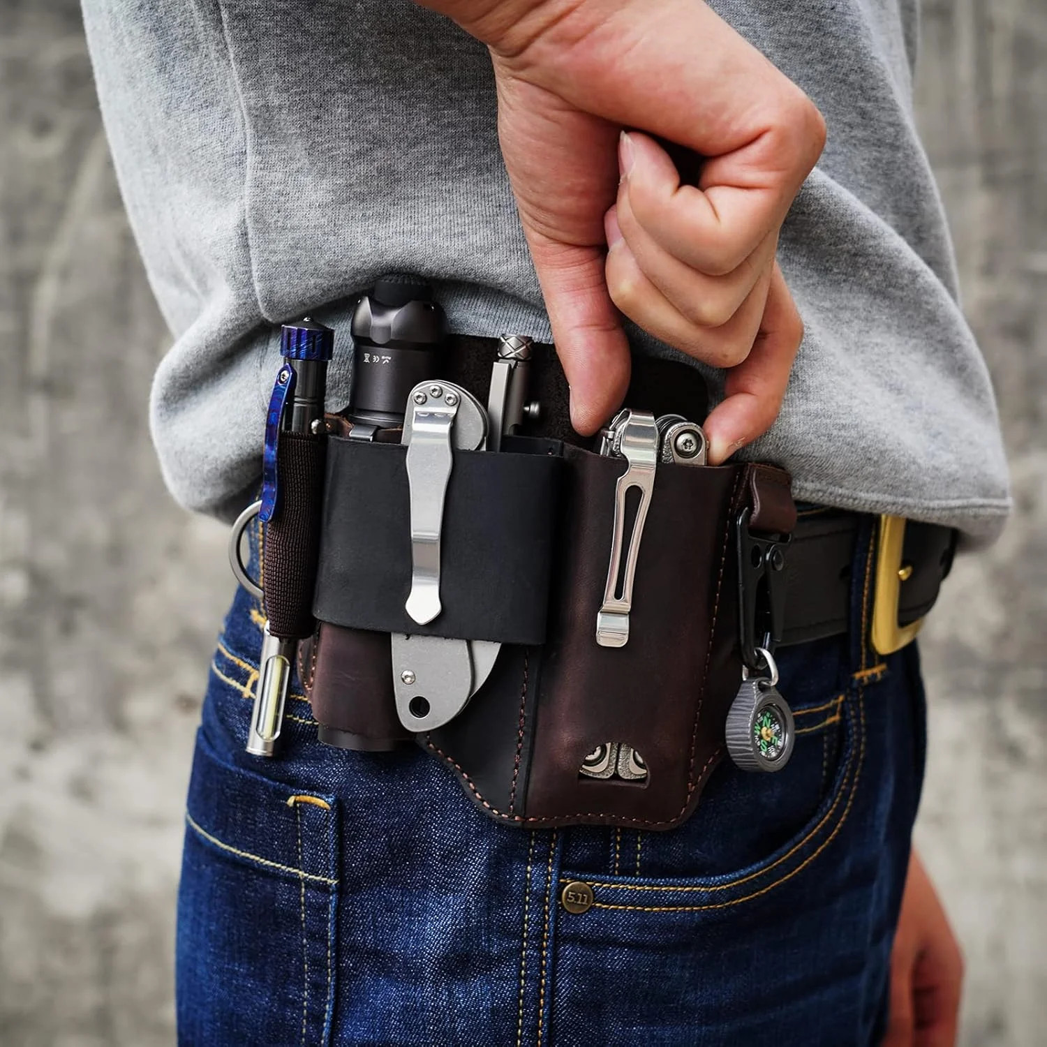 Leather Multitool Sheath – EDC Belt Organizer for Leatherman Tools, Flashlight,