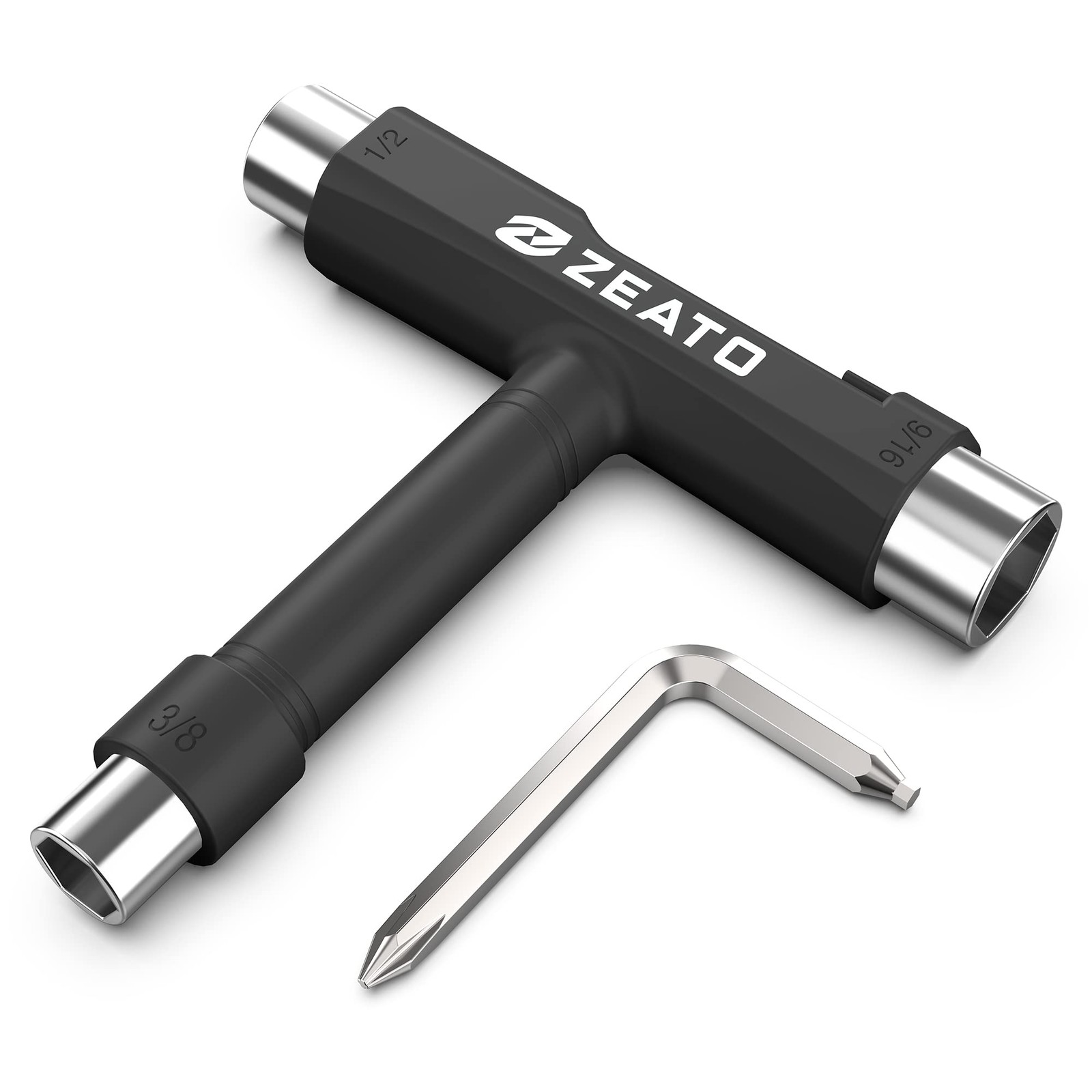 Compact Black Multi Tool Skateboard T Tool with Wrench and Sockets