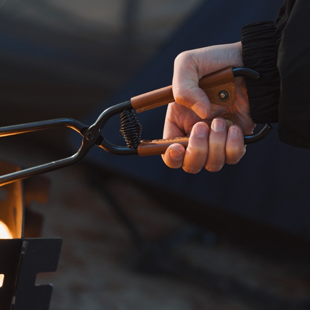 Fire Tongs for Safe Grilling and Camping with Comfortable Leather Grip