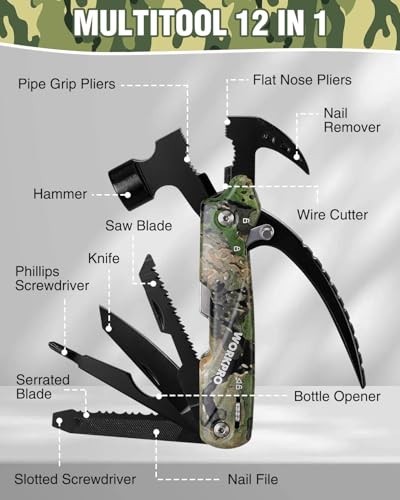 12-in-1 Camping Multitool with Mini Hammer, EDC Gear, Safety Lock & Pouch – Camo