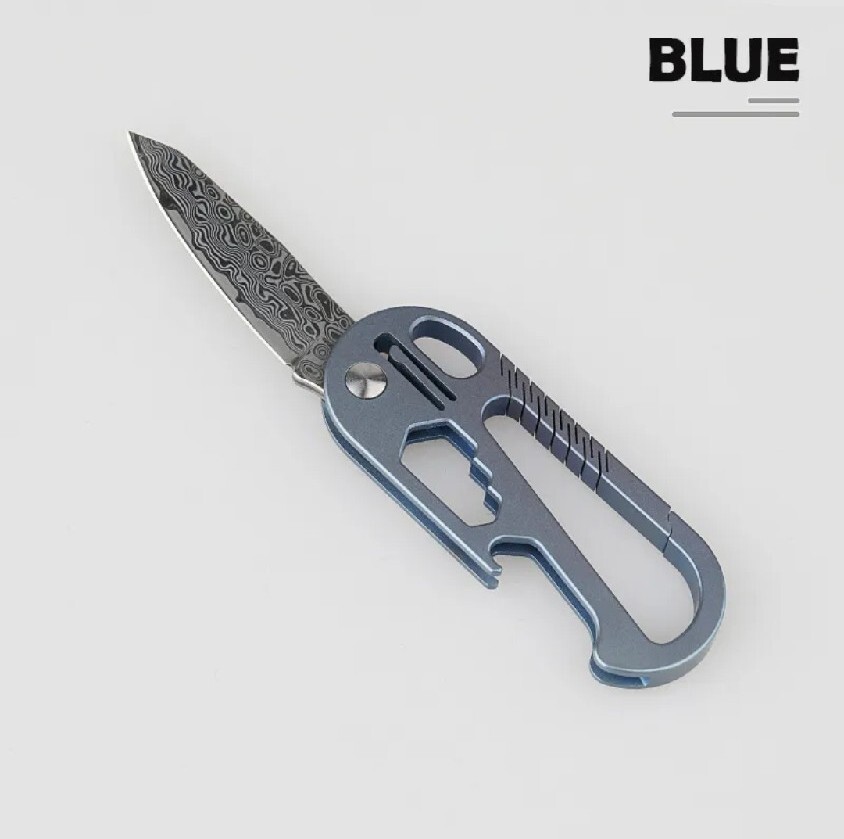 Mini EDC Multitool – Anodized Blue Titanium Carabiner Keychain w/ Damascus Blade