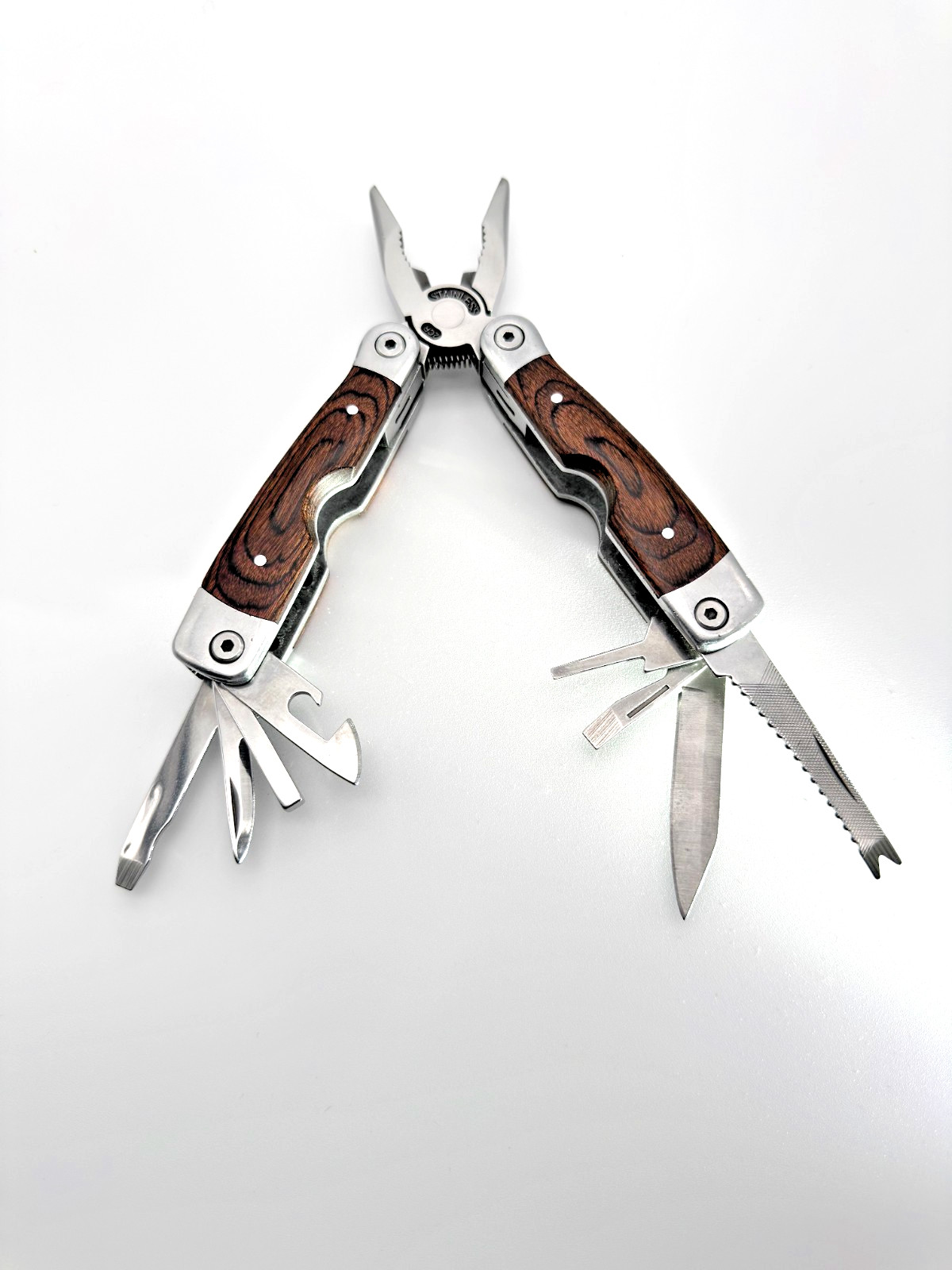 Stainless Steel Multi Tool Pliers Knife Saw Screwdrivers Wood Handle EDC