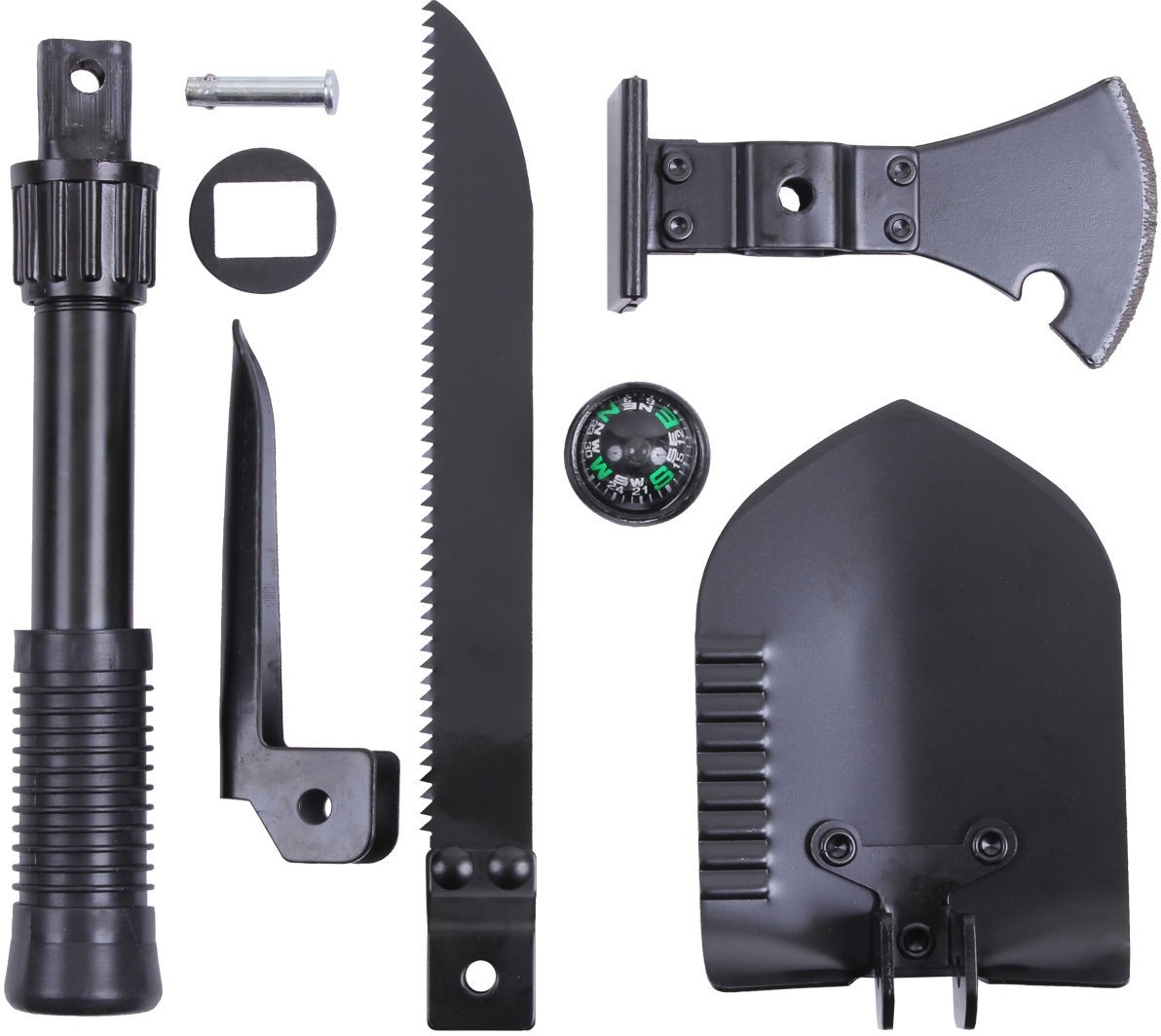 Black 5-In-1 Multi Purpose Camping Tool Emergency – Shovel Saw Axe Pick Compass