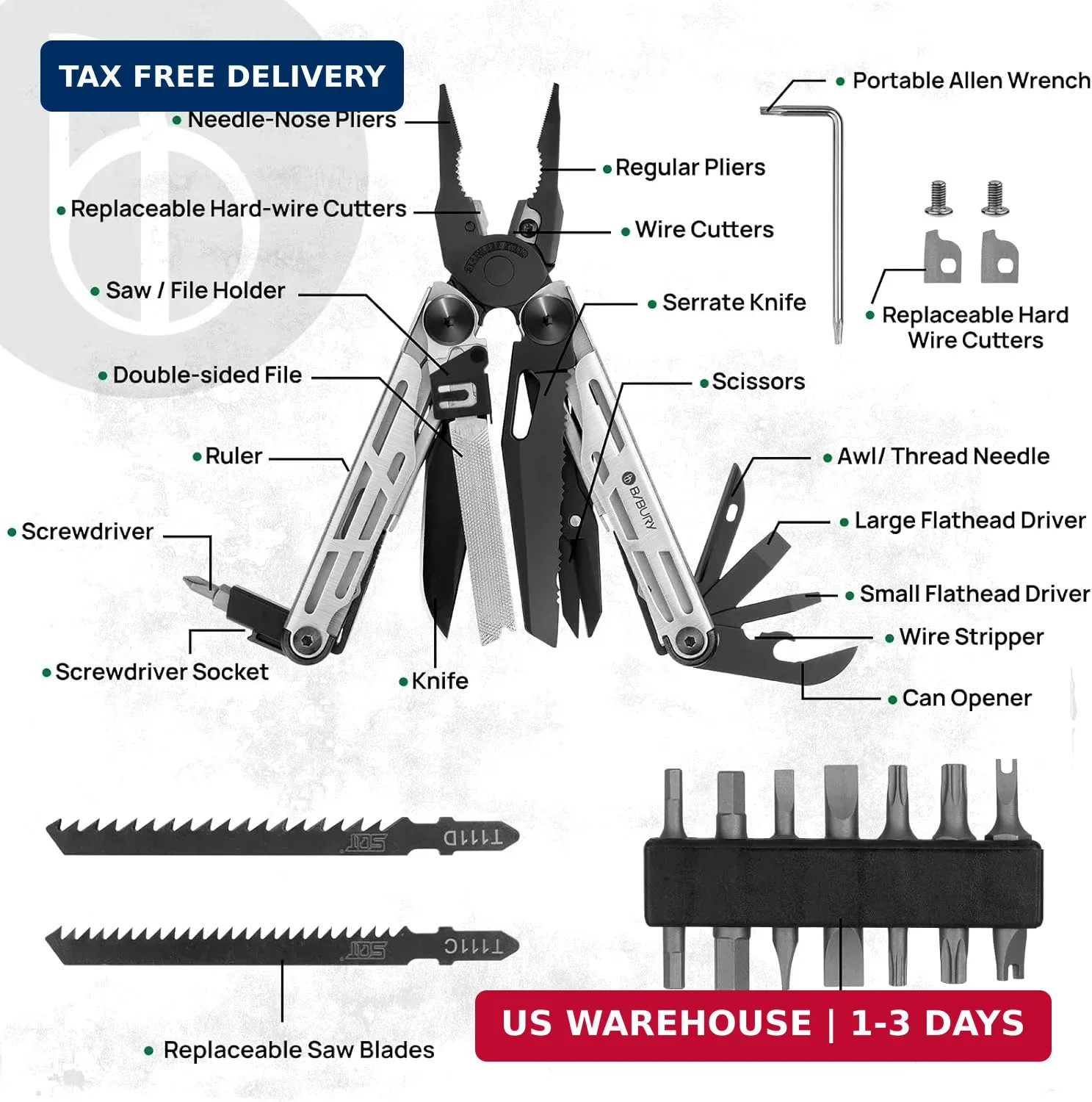 BIBURY BI2045 Multitool Pliers 31 in 1 Stainless Steel Camping Survival Tool