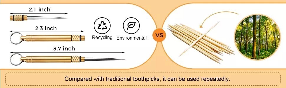 5PC Portable Titanium Pocket Toothpick Keychain Brass Holder Camping Travel Gold