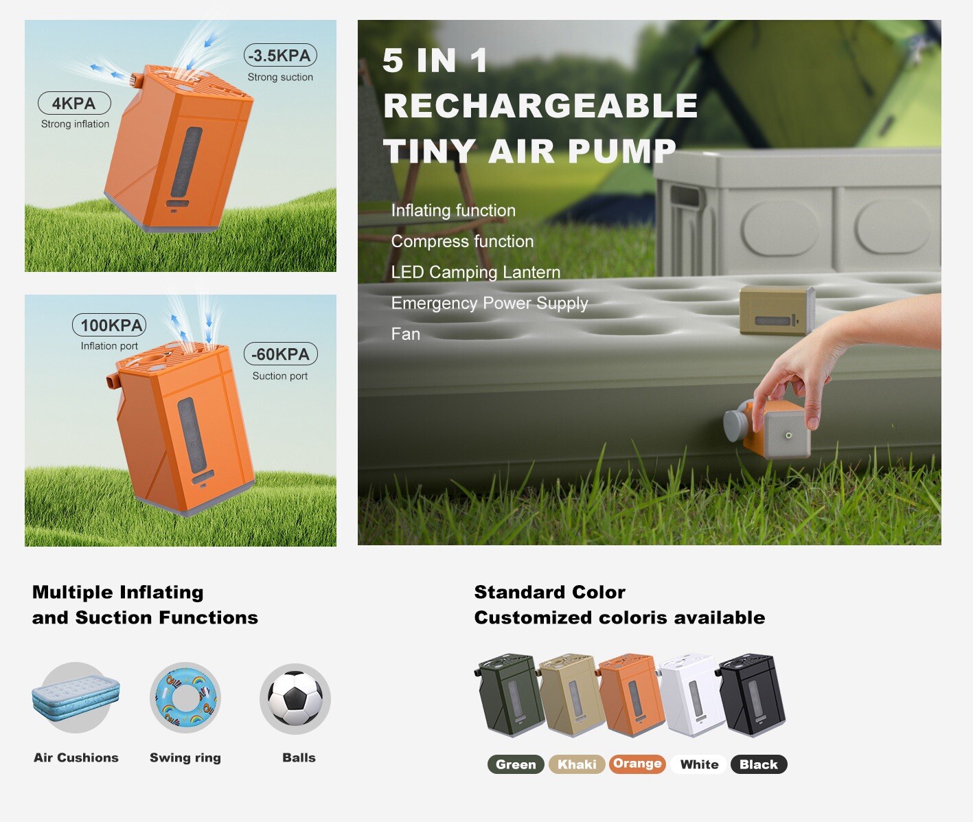 Camping Air Pump, Suction, Light, Fan, 5 In 1 Lithium Battery Powered Air Pump