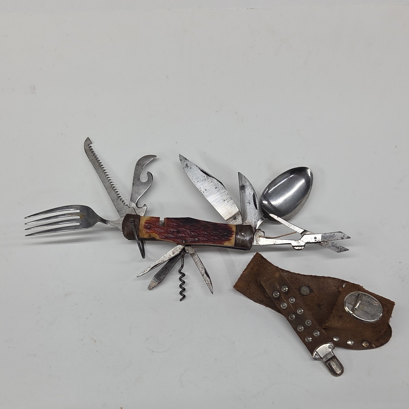 Vintage Camping Multi-Tool Knife Fork Spoon Scissors Corkscrew Leather Sheath