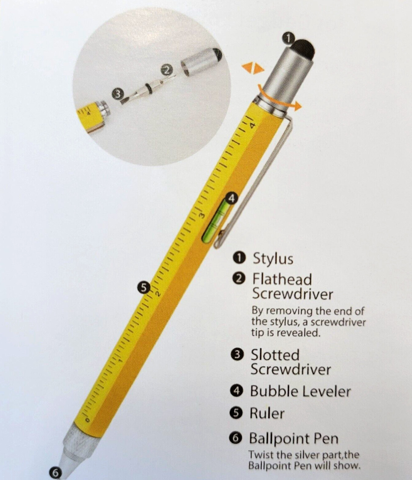 Multi Tool Pen 6 in 1 Gadgets Gift Idea – Level, Stylus, Screw Driver, Ruler