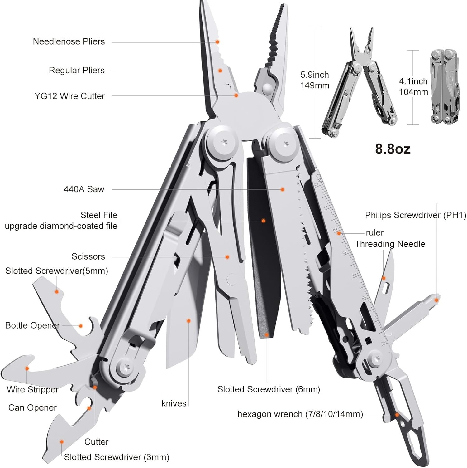 Compact 22-in-1 Multi-Tool with Safety Locking Feature for Camping & Hiking