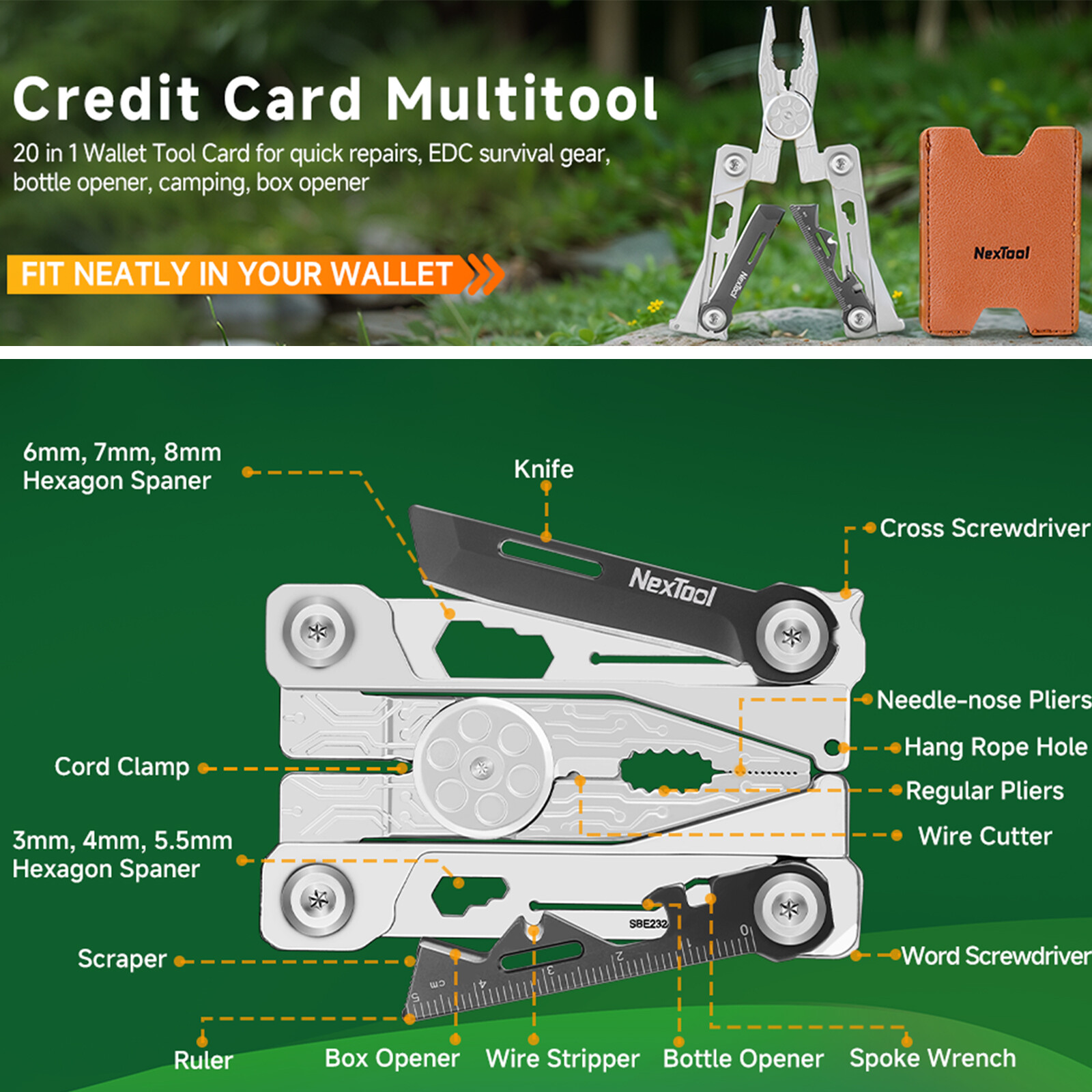 Folding Credit Card Multitool Wallet Multi Tool, 20 in 1 Wall Outdoor Survival