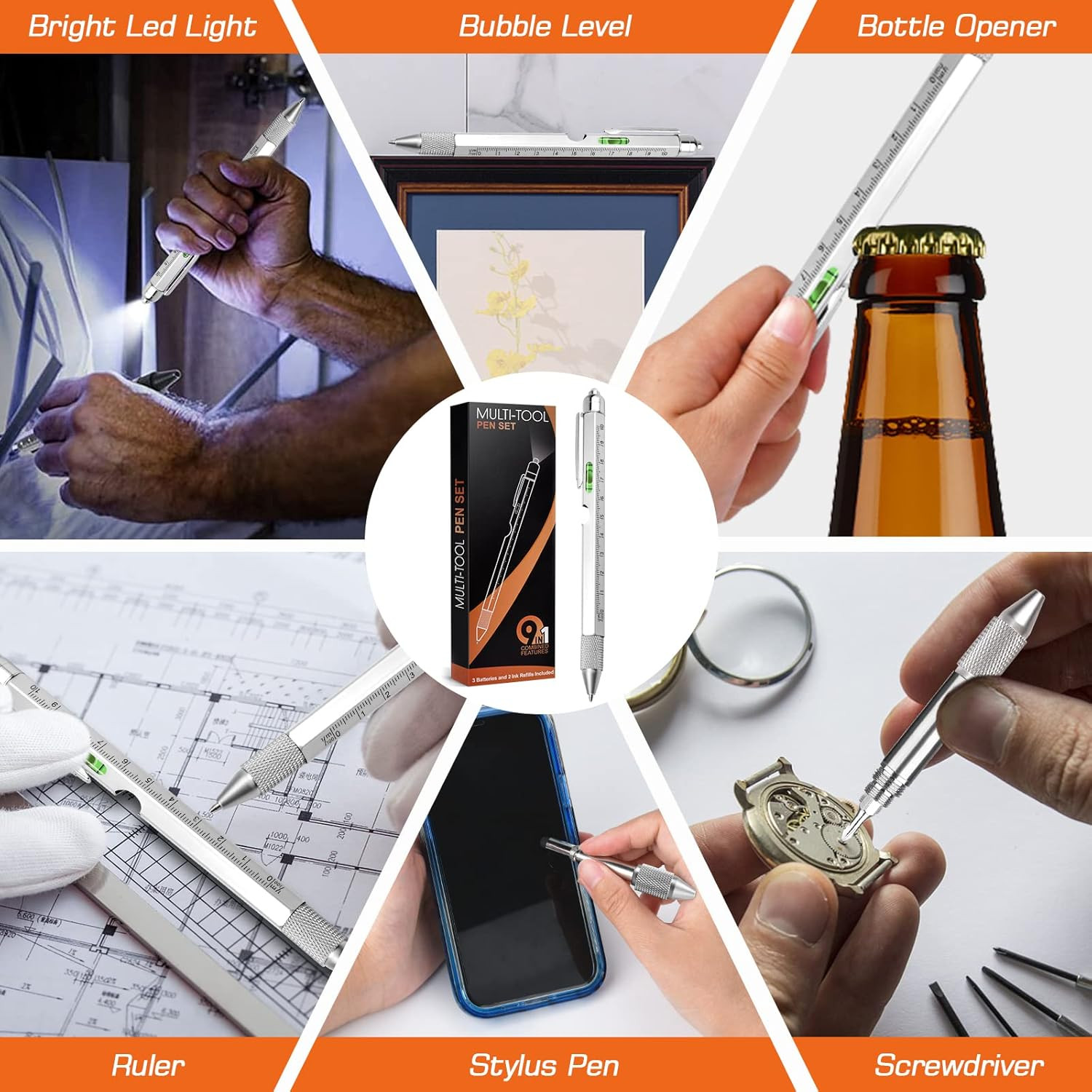 9 in 1 Multi-Tool Pen for Men, Tools with Ballpoint Pen, Screwdrivers, LED Light