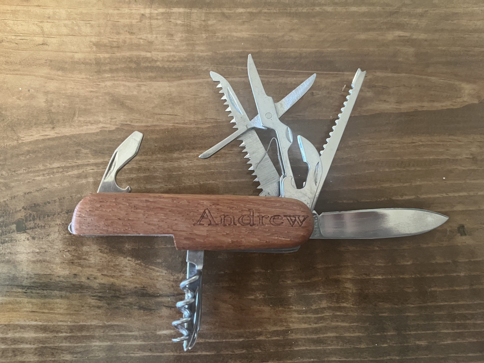 MULTI Function CAMPING TOOL KNIFE Swiss Army Style Wood Grain Engraved “ANDREW”