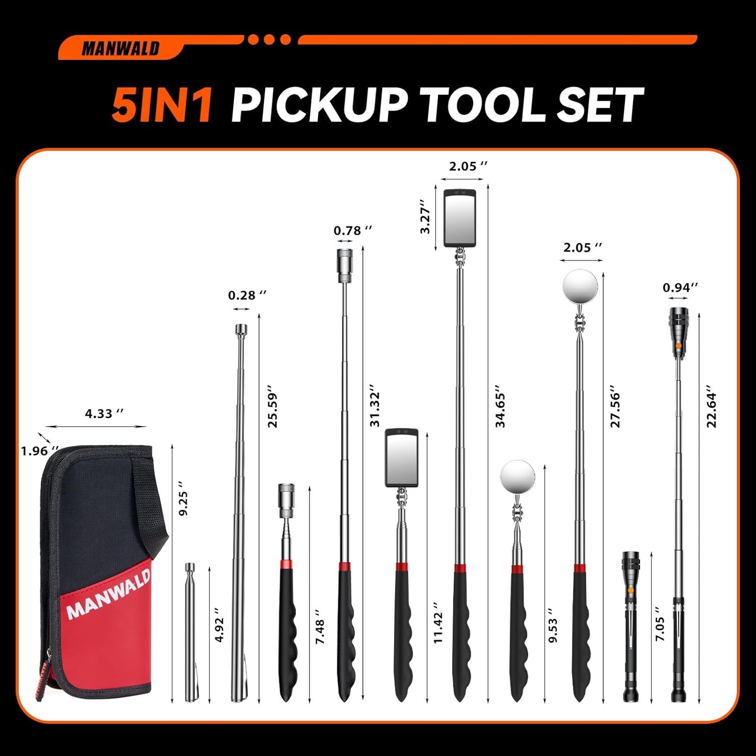 Telescoping Magnetic Pickup Tool Set with Portable Bag, Extendable Flashlight wi