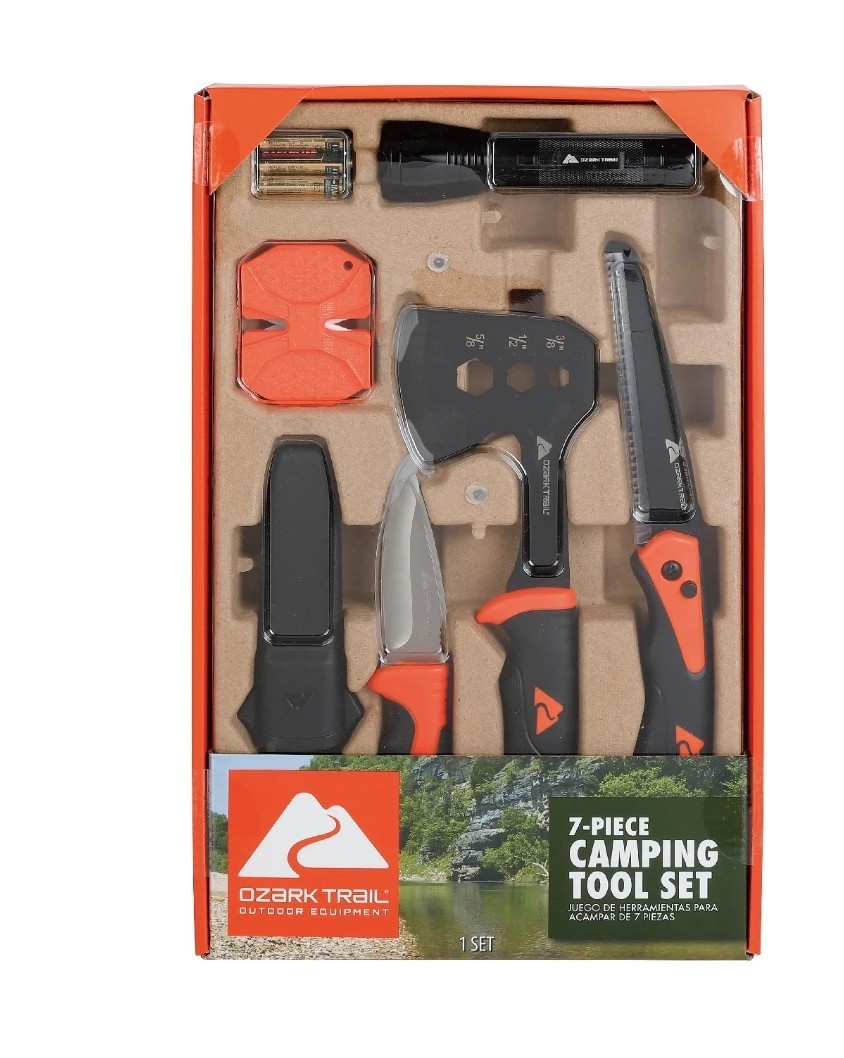 Ozark Trail 7-Piece Camping Tool Set with Hammer, Axe, Flashlight, and Knives, B